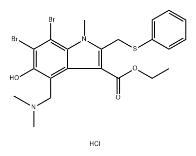 Ethyl 6,7-dibromo-4-((dimethylamino)methyl)-5-hydroxy-1-methyl-2-((phenylthio)methyl)-1H-indole-3-carboxylate hydrochloride 구조식 이미지