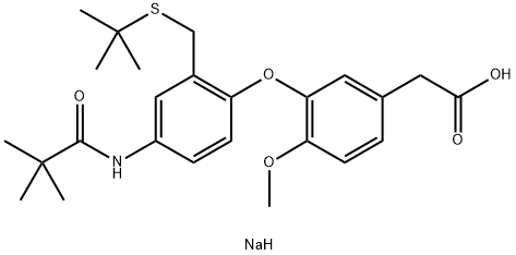 Benzeneacetic acid, 3-[2-[[(1,1-dimethylethyl)thio]methyl]-4-[(2,2-dimethyl-1-oxopropyl)amino]phenoxy]-4-methoxy-, sodium salt (1:1) 구조식 이미지