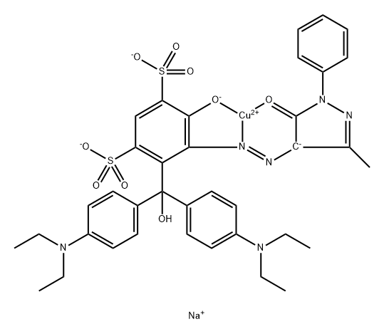Cuprate(2-), [4-[bis[4-(diethylamino)phenyl]hydroxymethyl]-5-[(4,5-dihydro-3-methyl-5-(oxo-κO)-1-phenyl-1H-pyrazol-4-yl)azo-κN1]-6-(hydroxy-κO)-1,3-benzenedisulfonato(4-)]-, disodium 구조식 이미지
