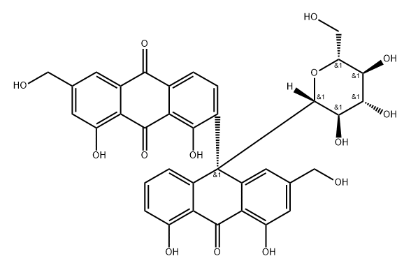 [2,9'-Bianthracene]-9,10,10'(9'H)-trione, 9'-β-D-glucopyranosyl-1,4',5',8-tetrahydroxy-2',6-bis(hydroxymethyl)-, (9'R)- Structure