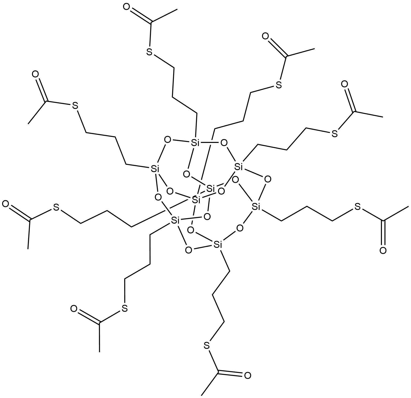 Ethanethioic acid, S1,S1',S1'',S1''',S1'''',S1''''',S1'''''',S1'''''''-(pentacyclo[9.5.1.13,9.15,15.17,13]octasiloxane-1,3,5,7,9,11,13,15-octaylocta-3,1-propanediyl) ester Structure