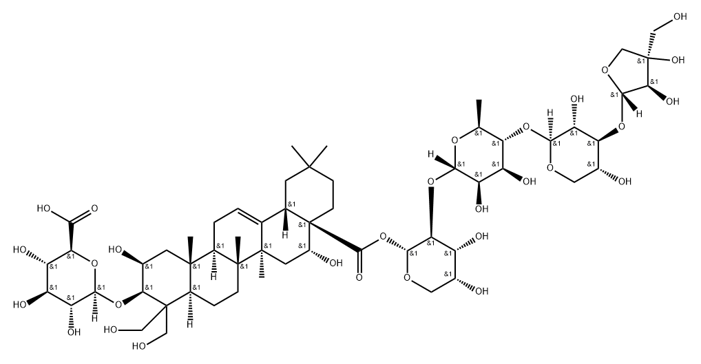 β-D-Glucopyranosiduronic acid, (2β,3β,16α)-28-[(O-D-apio-β-D-furanosyl-(1→3)-O-β-D-xylopyranosyl-(1→4)-O-6-deoxy-α-L-mannopyranosyl-(1→2)-α-D-arabinopyranosyl)oxy]-2,16,23,24-tetrahydroxy-28-oxoolean-12-en-3-yl Structure