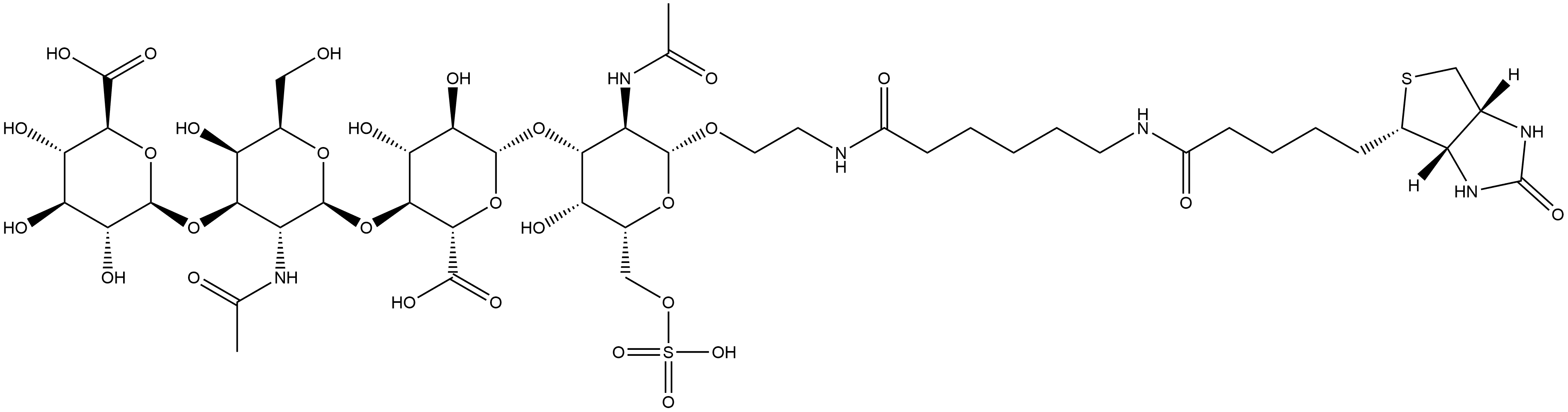 (3aS,4S,6aR)-N-[6-[[2-[[O-β-D-Glucopyranuronosyl-(1→3)-O-2-(acetylamino)-2-deoxy-β-D-galactopyranosyl-(1→4)-O-β-D-glucopyranuronosyl-(1→3)-2-(acetylamino)-2-deoxy-6-O-sulfo-β-D-galactopyranosyl]oxy]ethyl]amino]-6-oxohexyl]hexahydro-2-oxo-1H-thieno[3,4-d]imidazole-4-pentanamide Structure