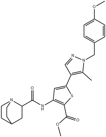 Methyl 3-[(1-azabicyclo[2.2.2]oct-2-ylcarbonyl)amino]-5-[1-[(4-methoxyphenyl)methyl]-5-methyl-1H-pyrazol-4-yl]-2-thiophenecarboxylate Structure