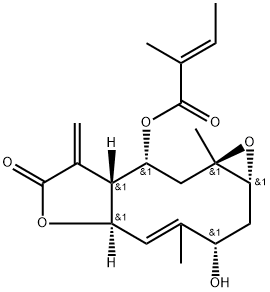(E)-2-Methyl-2-butenoic acid [(1aR,3S,4Z,5aR,8aR,9R,10aR)-1a,2,3,5a,7,8,8a,9,10,10a-decahydro-3-hydroxy-4,10a-dimethyl-8-methylene-7-oxooxireno[5,6]cyclodeca[1,2-b]furan-9-yl] ester 구조식 이미지