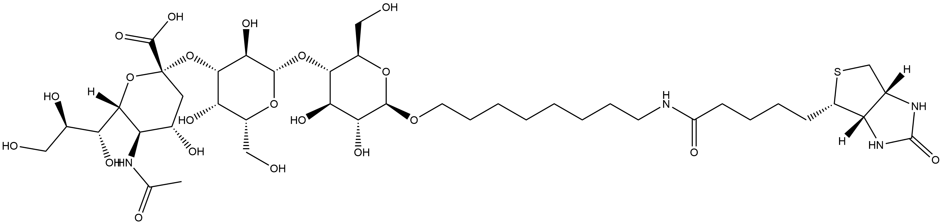 (3aS,4S,6aR)-N-[8-[[O-(N-Acetyl-α-neuraminosyl)-(2→3)-O-β-D-galactopyranosyl-(1→4)-β-D-glucopyranosyl]oxy]octyl]hexahydro-2-oxo-1H-thieno[3,4-d]imidazole-4-pentanamide Structure