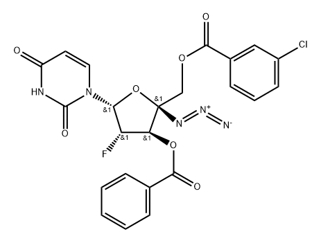 4’-Azido-3’-O-benzoyl-5’-O-(m-chlorobenzoyl)-2’-deoxy-2’-fluoro-beta-D-arabinouridine 구조식 이미지