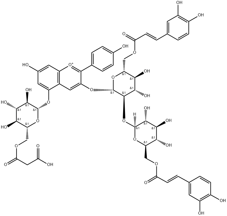 Pelargonidin 3-O-[6-O-(E)-Caffeoyl-2-O-{6-O-(E)-Caffeoyl-β-D-glucoside}-β-D-glucoside]-5-O-(6-O-malonyl）-β-D-glucoside Structure