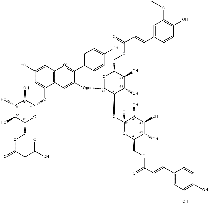 Pelargonidin 3-O-[6-O-(E)-Ferulyl-2-O-{6-O-(E)-Caffeoyl-β-D-glucoside}-β-D-glucoside]-5-O-(6-O-malonyl）-β-D-glucoside Structure