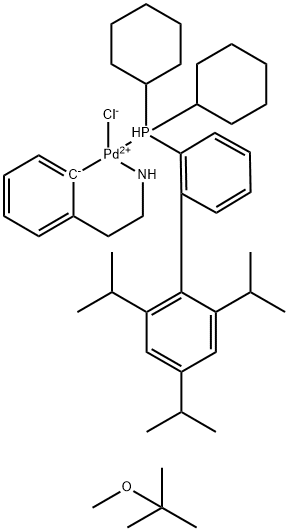 Chloro(2-dicyclohexylphosphino-2',4',6'-tri-i-propyl-1,1'-biphenyl)[2-(2-aminoethyl)phenyl] palladium(II) methyl-t-butylether adduct, min. 98% [XPhos Palladacycle Gen. 1] 구조식 이미지