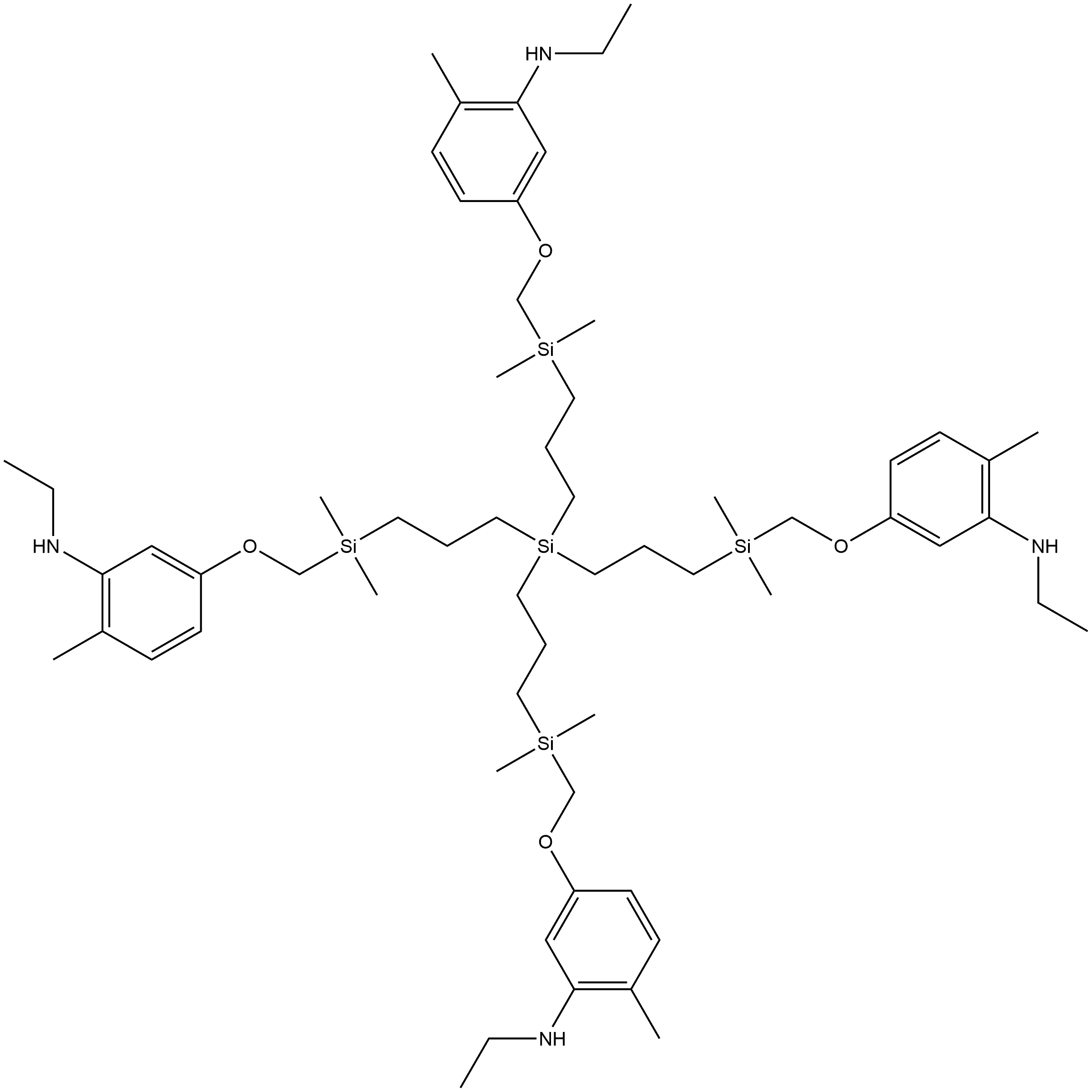 Benzenamine, 3,3′,3′′,3′′′-[silanetetrayltetrakis[3,1-propanediyl(dimethylsilylene)methyleneoxy]]tetrakis[ N -ethyl-6-methyl- (ACI) Structure