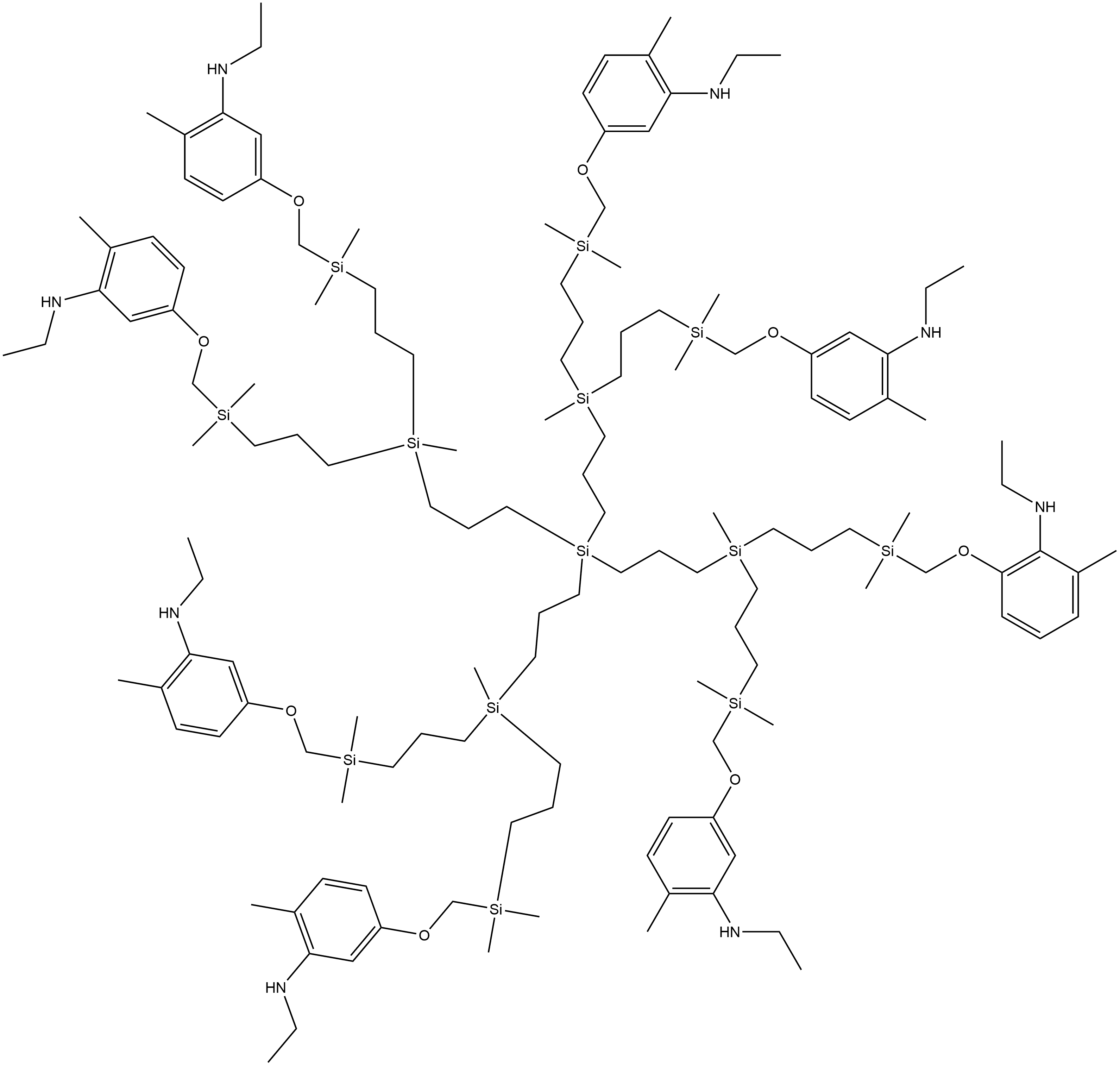 Benzenamine, 3,3′,3′′,3′′′,3′′′′,3′′′′′,3′′′′′′,3′′′′′′′-[silanetetrayltetrakis[3,1-propanediyl(methylsilylidyne)bis[3,1-propanediyl(dimethylsilylene)
methyleneoxy]]]octakis[ N -ethyl-6-methyl- (ACI) Structure