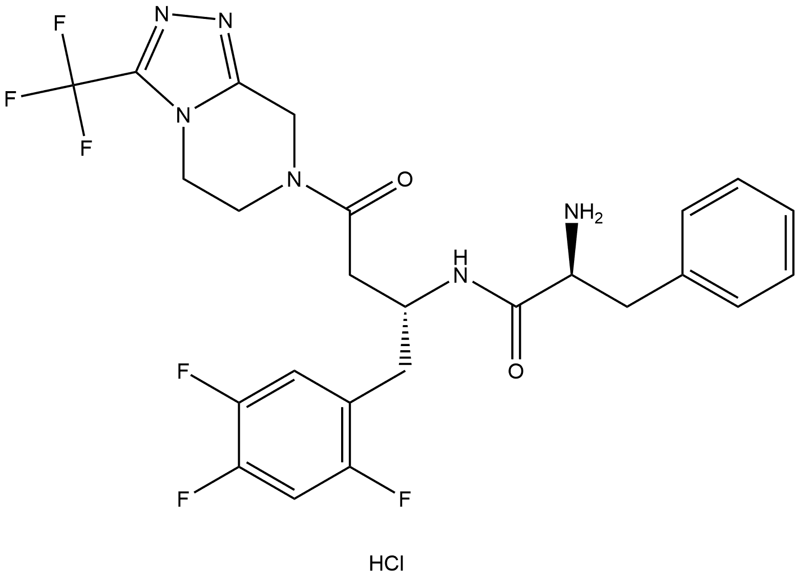 Benzenepropanamide, α-amino-N-[(1R)-3-[5,6-dihydro-3-(trifluoromethyl)-1,2,4-triazolo[4,3-a]pyrazin-7(8H)-yl]-3-oxo-1-[(2,4,5-trifluorophenyl)methyl]propyl]-, hydrochloride (1:1), (αS)- 구조식 이미지