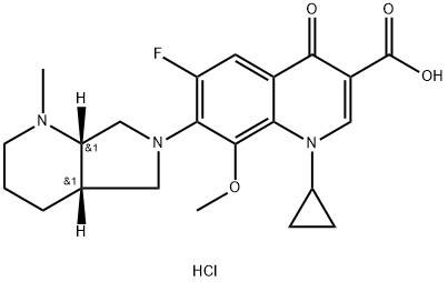 3-Quinolinecarboxylic acid, 1-cyclopropyl-6-fluoro-1,4-dihydro-8-Methoxy-7-[(4aR,7aR)-octahydro-1-Methyl-6H-pyrrolo[3,4-b]pyridin-6-yl]-4-oxo-, hydrochloride (1:1), rel- 구조식 이미지