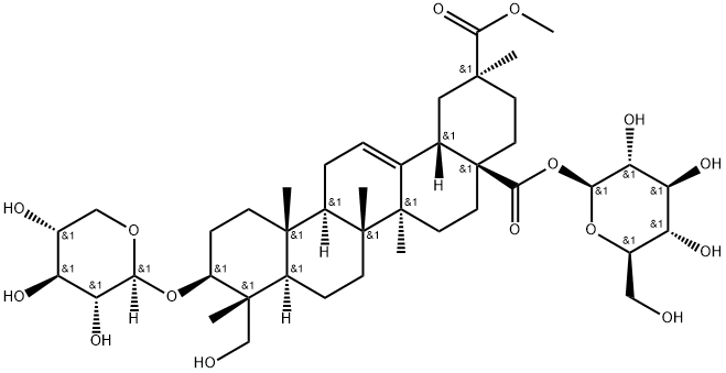 Olean-12-ene-28,29-dioic acid, 23-hydroxy-3-(β-D-xylopyranosyloxy)-, 28-β-D-glucopyranosyl 29-methyl ester, (3β,4α,20β)- Structure
