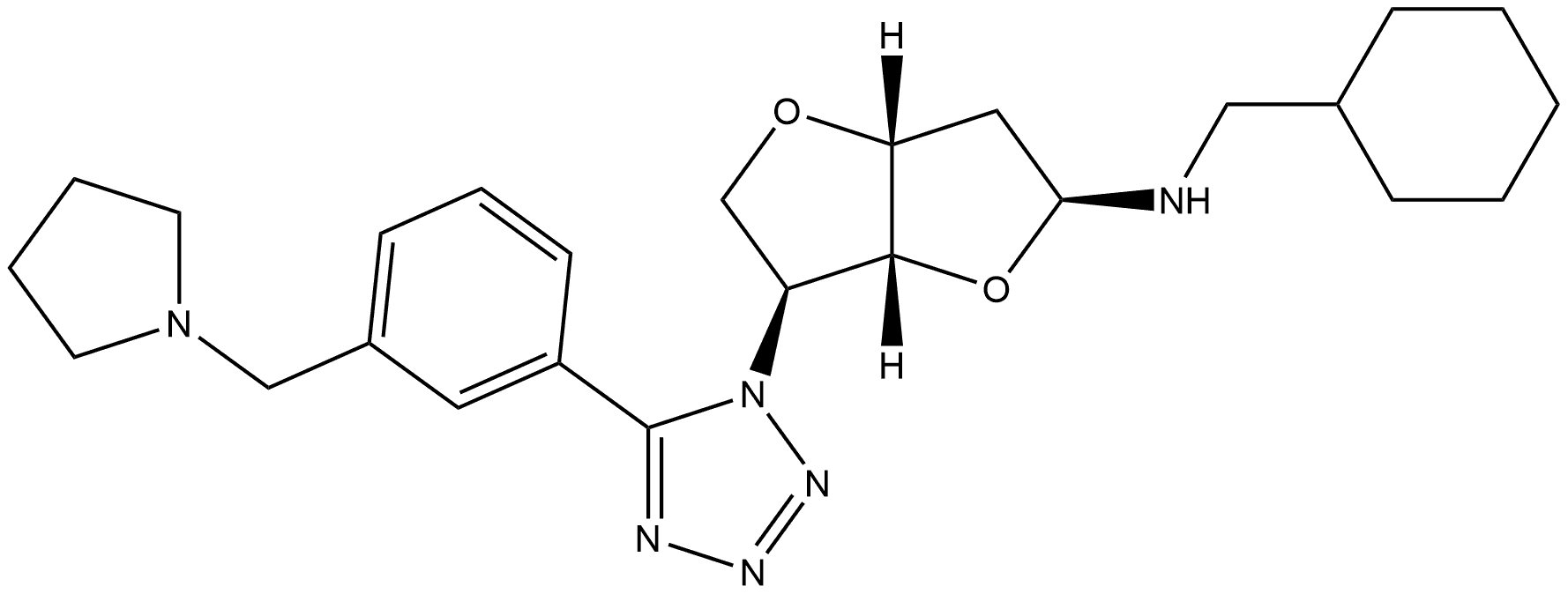 β-L-xylo-Hexofuranosylamine, 3,6-anhydro-N-(cyclohexylmethyl)-2,5-dideoxy-5-[5-[3-(1-pyrrolidinylmethyl)phenyl]-1H-tetrazol-1-yl]- 구조식 이미지