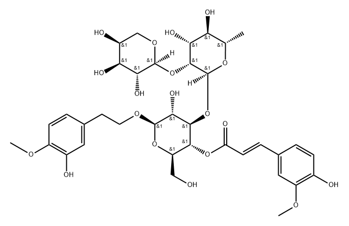 β-D-Glucopyranoside, 2-(3-hydroxy-4-methoxyphenyl)ethyl O-α-L-arabinopyranosyl-(1→2)-O-6-deoxy-α-L-mannopyranosyl-(1→3)-, 4-[(2E)-3-(4-hydroxy-3-methoxyphenyl)-2-propenoate] 구조식 이미지