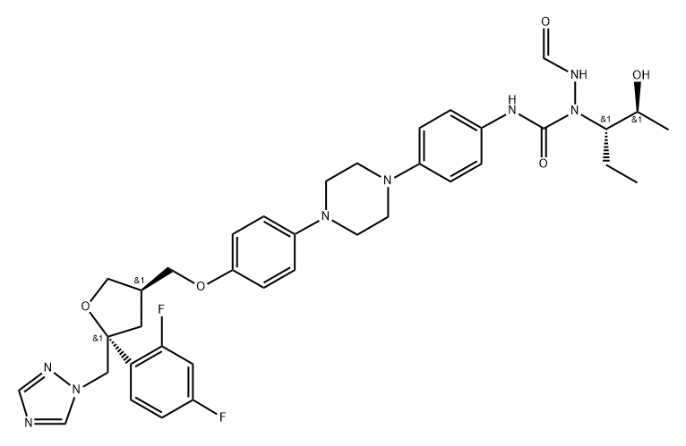 D-threo-Pentitol, 2,5-anhydro-1,3,4-trideoxy-2-C-(2,4-difluorophenyl)-4-[[4-[4-[4-[[[1-[(1S,2S)-1-ethyl-2-hydroxypropyl]-2-formylhydrazinyl]carbonyl]amino]phenyl]-1-piperazinyl]phenoxy]methyl]-1-(1H-1,2,4-triazol-1-yl)- Structure