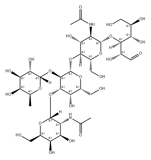 O-2-(Acetylamino)-2-deoxy-alpha-D-galactopyranosyl-(1-3)-O-[6-deoxy-alpha-L-galactopyranosyl-(1-2)]-O-beta-D-galactopyranosyl-(1-4)-O-2-(acetylamino)-2-deoxy-beta-D-glucopyranosyl-(1-3)-D-galactose Structure