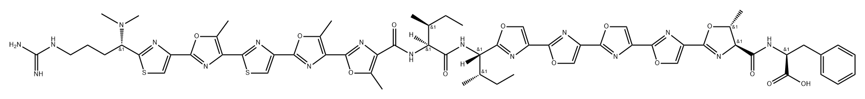 L-Phenylalanine, N-[[2′-[2-[2-[2-[(1S)-4-[(aminoiminomethyl)amino]-1-(dimethylamino)butyl]-4-thiazolyl]-5-methyl-4-oxazolyl]-4-thiazolyl]-5,5′-dimethyl[2,4′-bioxazol]-4-yl]carbonyl]-L-isoleucyl-(4S,5R)-2′′′′-[(1S,2S)-1-amino-2-methylbutyl]-4,5-dihydro-5-methyl[2,4′:2′,4′′:2′′,4′′′:2′′′,4′′′′-quinqueoxazole]-4-carbonyl- Structure