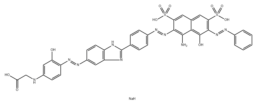 Glycine, N-[4-[2-[2-[4-[2-[1-amino-8-hydroxy-7-(2-phenyldiazenyl)-3,6-disulfo-2-naphthalenyl]diazenyl]phenyl]-1H-benzimidazol-6-yl]diazenyl]-3-hydroxyphenyl]-, sodium salt (1:2) 구조식 이미지