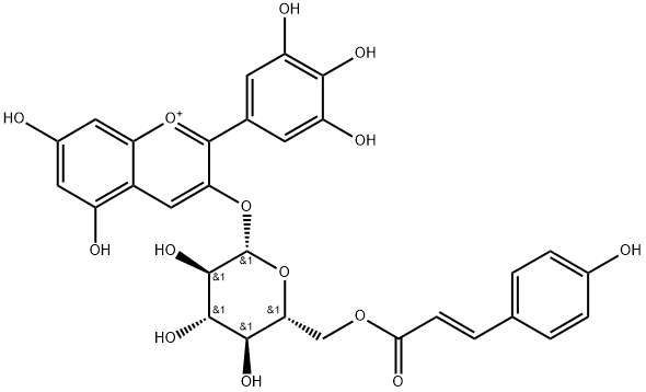 1-Benzopyrylium, 5,7-dihydroxy-3-[[6-O-[(2E)-3-(4-hydroxyphenyl)-1-oxo-2-propen-1-yl]-β-D-glucopyranosyl]oxy]-2-(3,4,5-trihydroxyphenyl)- Structure