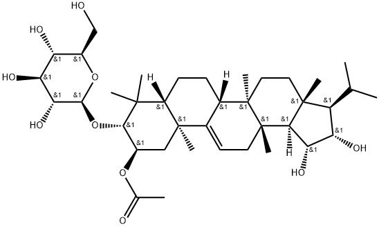 β-D-Glucopyranoside, (2α,3β,8α,13α,14β,17α,18β,19β,20β)-2-(acetyloxy)-19,20-dihydroxy-13,17-dimethyl-A'-neo-26,28-dinorgammacer-9(11)-en-3-yl Structure