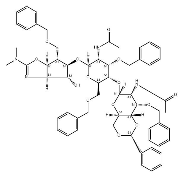 .beta.-D-Allopyranoside, 2-(dimethylamino)-3a,5,6,6a-tetrahydro-4-hydroxy-6-(phenylmethoxy)methyl-4H-cyclopentoxazol-5-yl 2-(acetylamino)-4-O-2-(acetylamino)-2-deoxy-3-O-(phenylmethyl)-4,6-O-(phenylmethylene)-.beta.-D-allopyranosyl-2-deoxy-3,6-bis-O-(phen 구조식 이미지