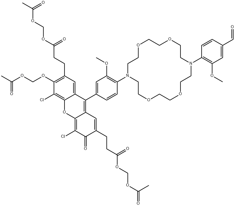 3H-Xanthene-2,7-dipropanoic acid, 6-[(acetyloxy)methoxy]-4,5-dichloro-9-[4-[16-(4-formyl-2-methoxyphenyl)-1,4,10,13-tetraoxa-7,16-diazacyclooctadec-7-yl]-3-methoxyphenyl]-3-oxo-, 2,7-bis[(acetyloxy)methyl] ester Structure