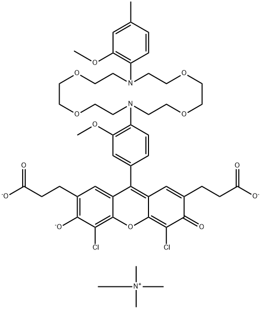 Methanaminium, N,N,N-trimethyl-, 4,5-dichloro-6-hydroxy-9-[3-methoxy-4-[16-(2-methoxy-4-methylphenyl)-1,4,10,13-tetraoxa-7,16-diazacyclooctadec-7-yl]phenyl]-3-oxo-3H-xanthene-2,7-dipropanoate (3:1) Structure