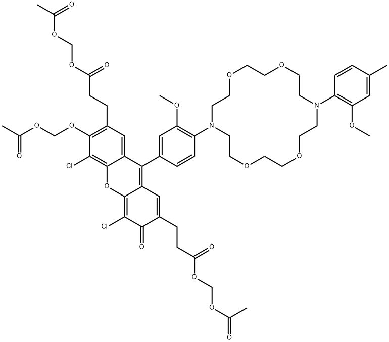 3H-Xanthene-2,7-dipropanoic acid, 6-[(acetyloxy)methoxy]-4,5-dichloro-9-[3-methoxy-4-[16-(2-methoxy-4-methylphenyl)-1,4,10,13-tetraoxa-7,16-diazacyclooctadec-7-yl]phenyl]-3-oxo-, 2,7-bis[(acetyloxy)methyl] ester Structure