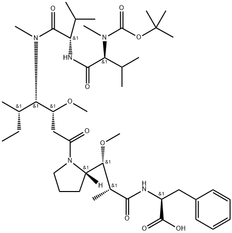 L-Phenylalanine, N-[(1,1-dimethylethoxy)carbonyl]-N-methyl-L-valyl-L-valyl-(3R,4S,5S)-3-methoxy-5-methyl-4-(methylamino)heptanoyl-(αR,βR,2S)-β-methoxy-α-methyl-2-pyrrolidinepropanoyl- 구조식 이미지