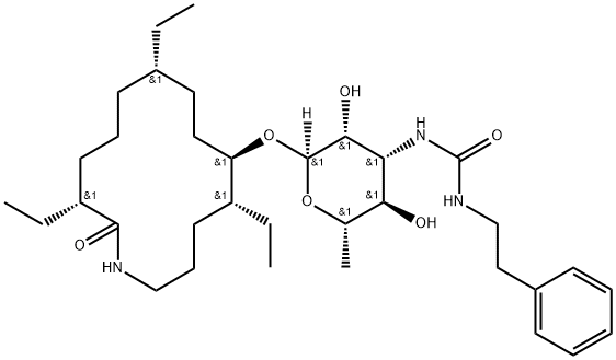 Azacyclotetradecan-2-one, 10-[[3,6-dideoxy-3-[[[(2-phenylethyl)amino]carbonyl]amino]-α-L-mannopyranosyl]oxy]-3,7,11-triethyl-, (3R,7S,10R,11R)- Structure