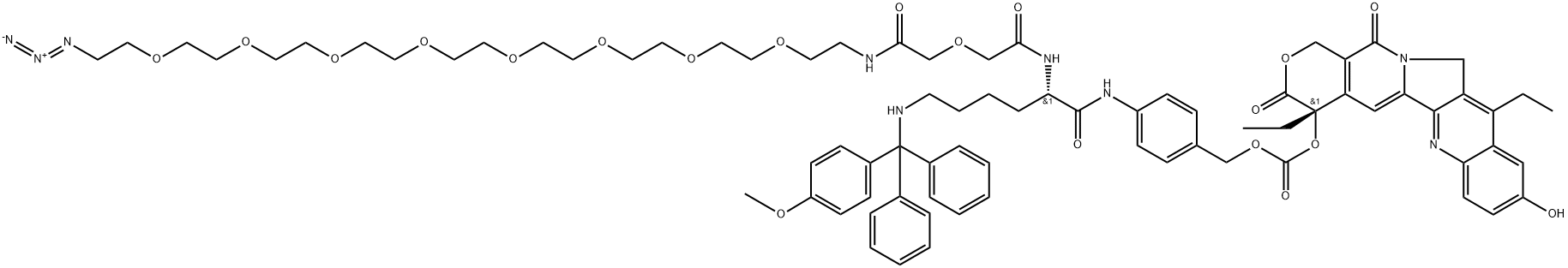 Carbonic acid, [4-[[(2S)-35-azido-2-[4-[[(4-methoxyphenyl)diphenylmethyl]amino]butyl]-1,4,8-trioxo-6,12,15,18,21,24,27,30,33-nonaoxa-3,9-diazapentatriacont-1-yl]amino]phenyl]methyl (4S)-4,11-diethyl-3,4,12,14-tetrahydro-9-hydroxy-3,14-dioxo-1H-pyrano[3',4':6,7]indolizino[1,2-b]quinolin-4-yl ester Structure