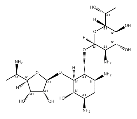 D-Streptamine, O-5-amino-5,6-dideoxy-β-D-allofuranosyl-(1→5)-O-[2-amino-2,7-dideoxy-D-glycero-α-D-gluco-heptopyranosyl-(1→4)]-2-deoxy- 구조식 이미지
