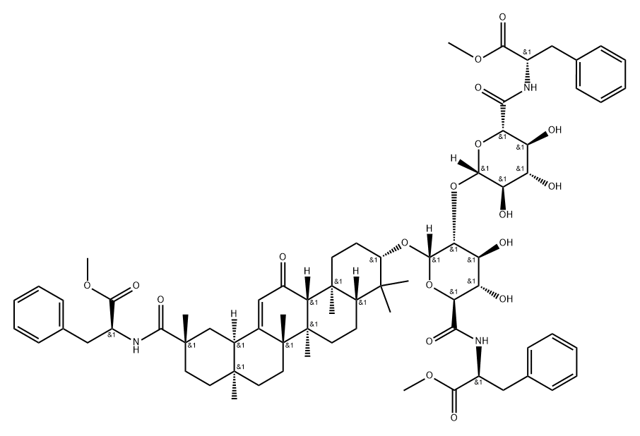 L-Phenylalanine, N-[1-O-[(3β,20β)-29-[[(1S)-2-methoxy-2-oxo-1-(phenylmethyl)ethyl]amino]-11,29-dioxoolean-12-en-3-yl]-2-O-[N-[(1S)-2-methoxy-2-oxo-1-(phenylmethyl)ethyl]-β-D-glucopyranuronamidosyl]-α-D-glucopyranuronoyl]-, methyl ester 구조식 이미지