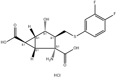 Bicyclo[3.1.0]hexane-2,6-dicarboxylic acid, 2-amino-3-[[(3,4-difluorophenyl)thio]methyl]-4-hydroxy-, hydrochloride (1:1), (1S,2R,3S,4S,5R,6R)- Structure