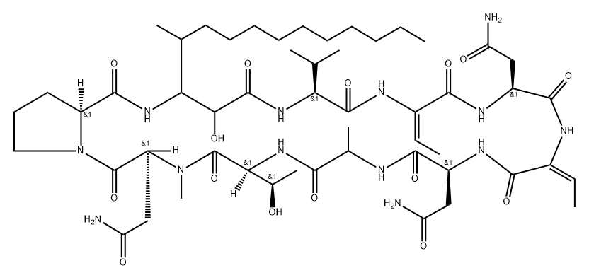 Cyclo[alanyl-L-threonyl-N2-methyl-L-asparaginyl-L-prolyl-3-amino-2-hydroxy-4-methyltetradecanoyl-L-valyl-(2E)-2-amino-2-butenoyl-L-asparaginyl-(2E)-2-amino-2-butenoyl-L-asparaginyl] Structure