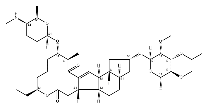 1H-as-Indaceno[3,2-d]oxacyclododecin-7,15-dione, 2-[(6-deoxy-3-O-ethyl-2,4-di-O-methyl-α-L-mannopyranosyl)oxy]-9-ethyl-2,3,3a,4,5,5a,5b,6,9,10,11,12,13,14,16a,16b-hexadecahydro-14-methyl-13-[[(2R,5S,6R)-tetrahydro-6-methyl-5-(methylamino)-2H-pyran-2-yl]oxy]-, (2R,3aR,5aR,5bS,9S,13S,14R,16aS,16bR)- 구조식 이미지