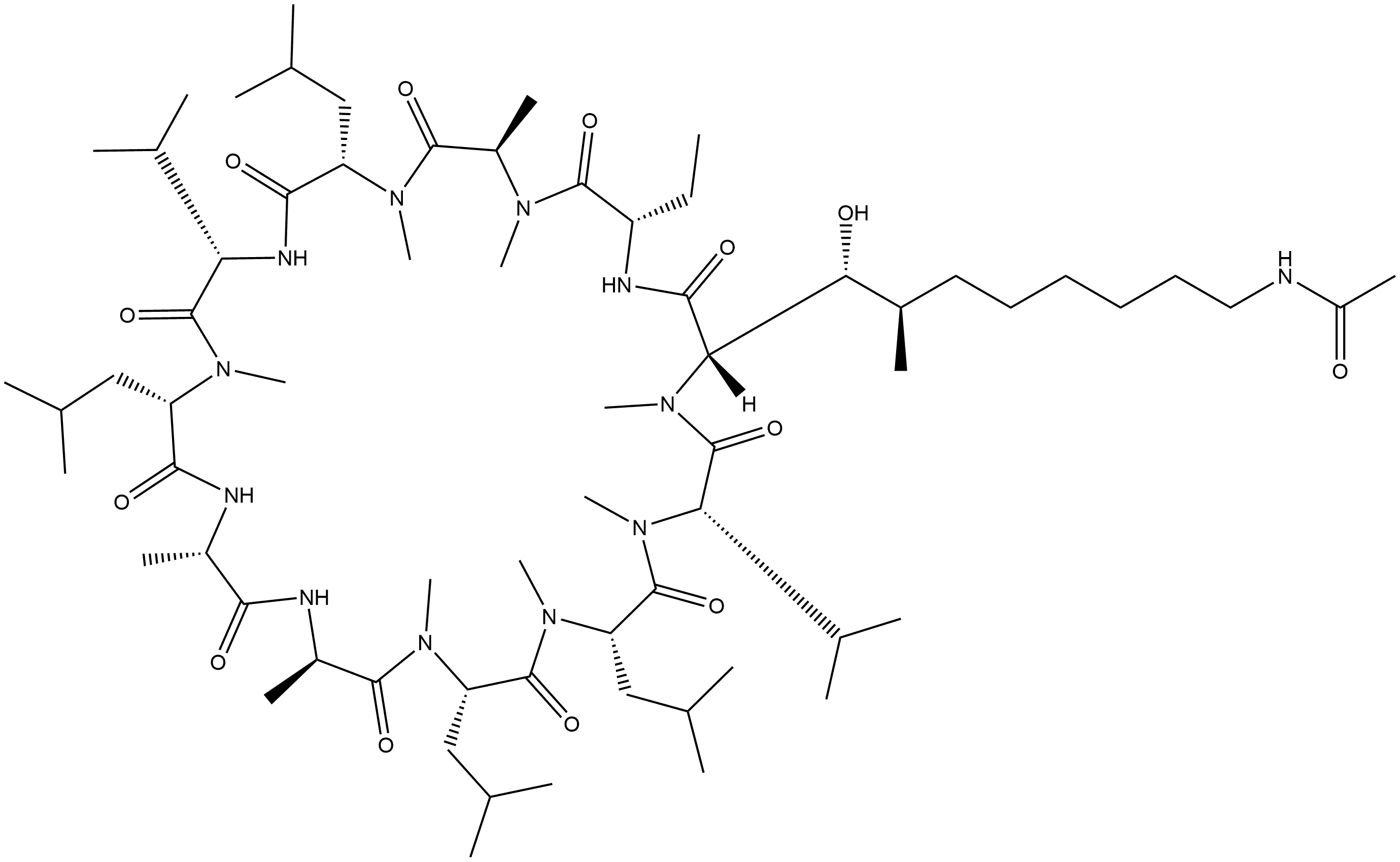 Cyclosporin A, 6-[(2S,3R,4R)-10-(acetylamino)-3-hydroxy-4-methyl-2-(methylamino)decanoic acid]-8-(N-methyl-D-alanine)- 구조식 이미지