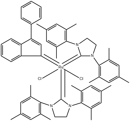 Ruthenium, bis[1,3-bis(2,4,6-trimethylphenyl)-2-imidazolidinylidene]dichloro(3-phenyl-1H-inden-1-ylidene)-, (SP-5-31)- 구조식 이미지