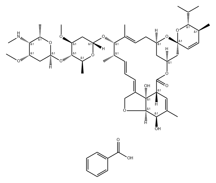 Avermectin A1a, 5-O-demethyl-25-de(1-methylpropyl)-4''-deoxy-4''-(methylamino)-25-(1-methylethyl)-, (4''R)-, benzoate (salt) Structure