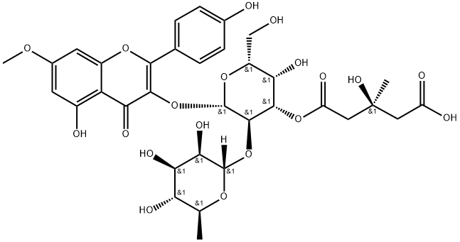 4H-1-Benzopyran-4-one, 3-[[3-O-[(3S)-4-carboxy-3-hydroxy-3-methyl-1-oxobutyl]-2-O-(6-deoxy-α-L-mannopyranosyl)-β-D-galactopyranosyl]oxy]-5-hydroxy-2-(4-hydroxyphenyl)-7-methoxy- Structure