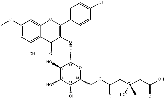4H-1-Benzopyran-4-one, 3-[[6-O-[(3S)-4-carboxy-3-hydroxy-3-methyl-1-oxobutyl]-β-D-galactopyranosyl]oxy]-5-hydroxy-2-(4-hydroxyphenyl)-7-methoxy- 구조식 이미지