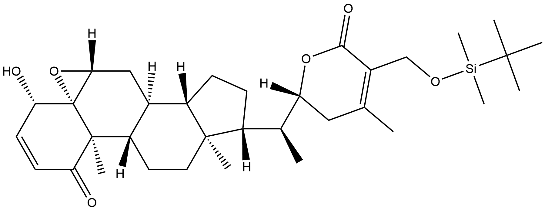 Ergosta-2,24-dien-26-oic acid, 27-[[(1,1-dimethylethyl)dimethylsilyl]oxy]-5,6-epoxy-4,22-dihydroxy-1-oxo-, δ-lactone, (4β,5β,6β,22R)- Structure