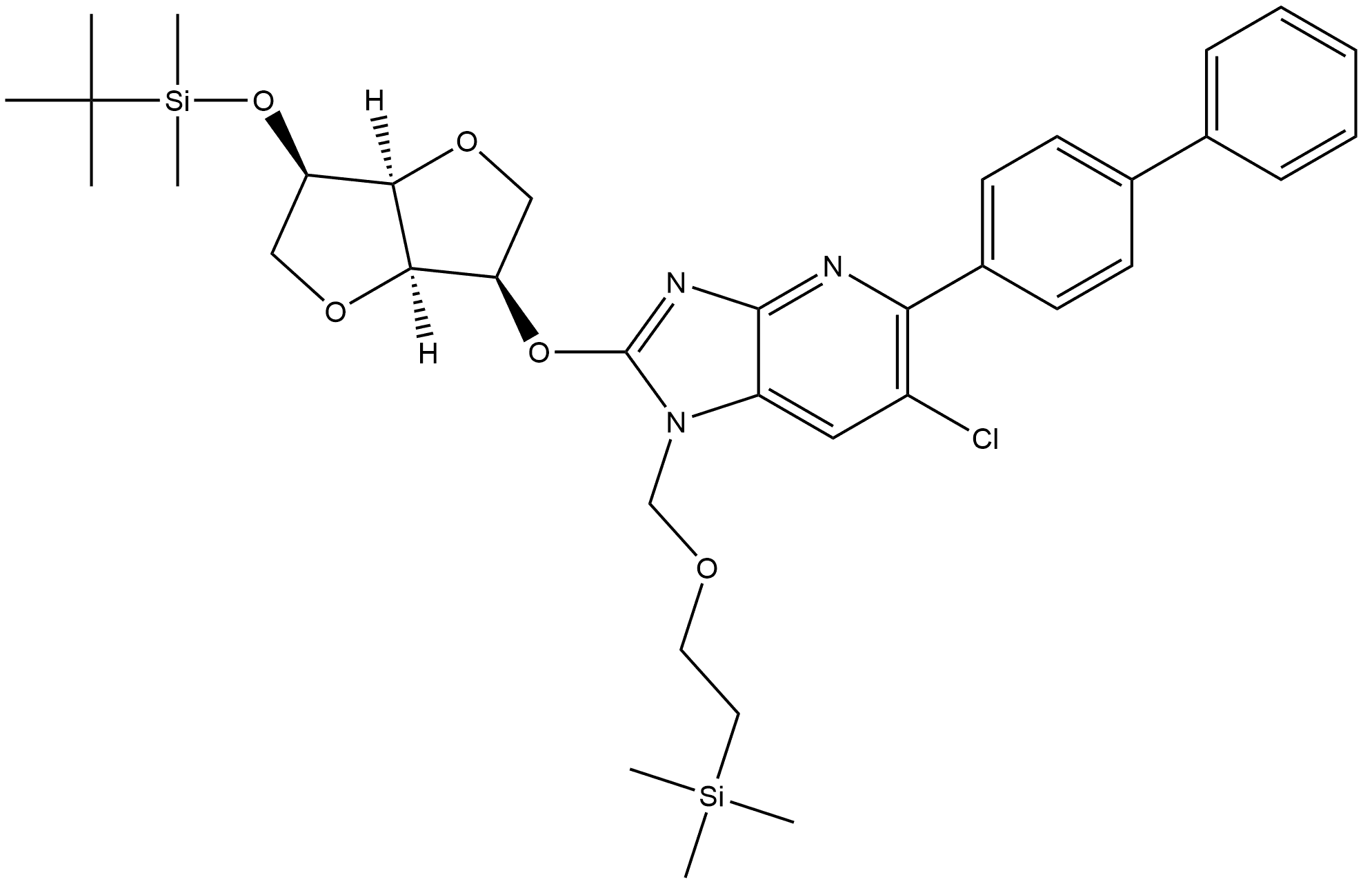 5-([1,1'-biphenyl]-4-yl)-2-(((3S,3aS,6S,6aR)-6-((tert-butyldimethylsilyl)oxy)hexahydrofuro[3,2-b]furan-3-yl)oxy)-6-chloro-1-((2-(trimethylsilyl)ethoxy)methyl)-1H-imidazo[4,5-b]pyridine Structure