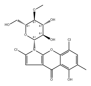 [1]Benzopyrano[2,3-b]pyrrol-4(1H)-one, 2,8-dichloro-5-hydroxy-6-methyl-1-(4-O-methyl-β-D-glucopyranosyl)- Structure