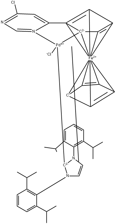 Palladium, [1,3-bis[2,6-bis(1-methylethyl)phenyl]-1,3-dihydro-2H-imidazol-2-ylidene]chloro[2-(6-chloro-4-pyrimidinyl-κN3)ferrocenyl-κC]-, (SP-4-3)- Structure