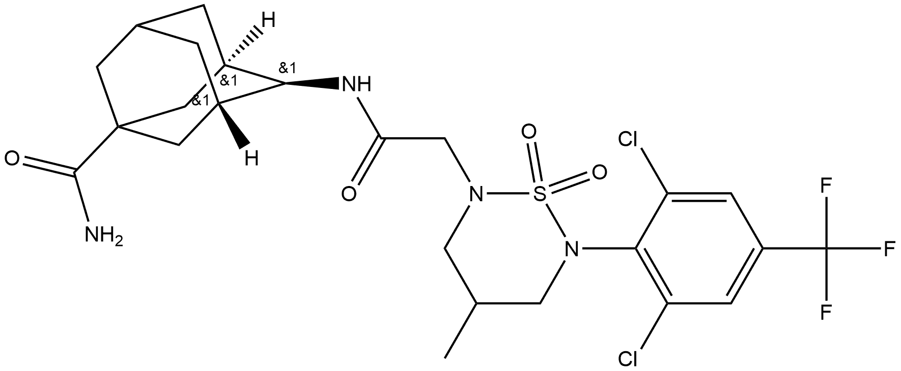 2H-1,2,6-Thiadiazine-2-acetamide, N-[5-(aminocarbonyl)tricyclo[3.3.1.13,7]dec-2-yl]-6-[2,6-dichloro-4-(trifluoromethyl)phenyl]tetrahydro-4-methyl-, 1,1-dioxide, stereoisomer 구조식 이미지