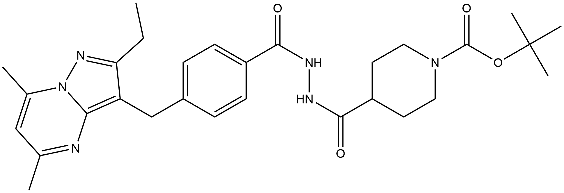 ter-butyl 4-(2-(4-((2-ethyl-5,7-dimethylpyrazolo[1,5-a]pyrimidin-3-yl)methyl)benzoyl)hydrazinecarbonyl)piperidine-1-carboxylate Structure